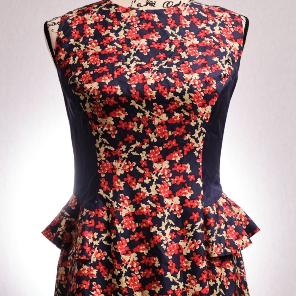 Anthropologie Kachel Silk Floral Peplum Dress Size 6 Red Blue Career Party - Picture 8 of 8